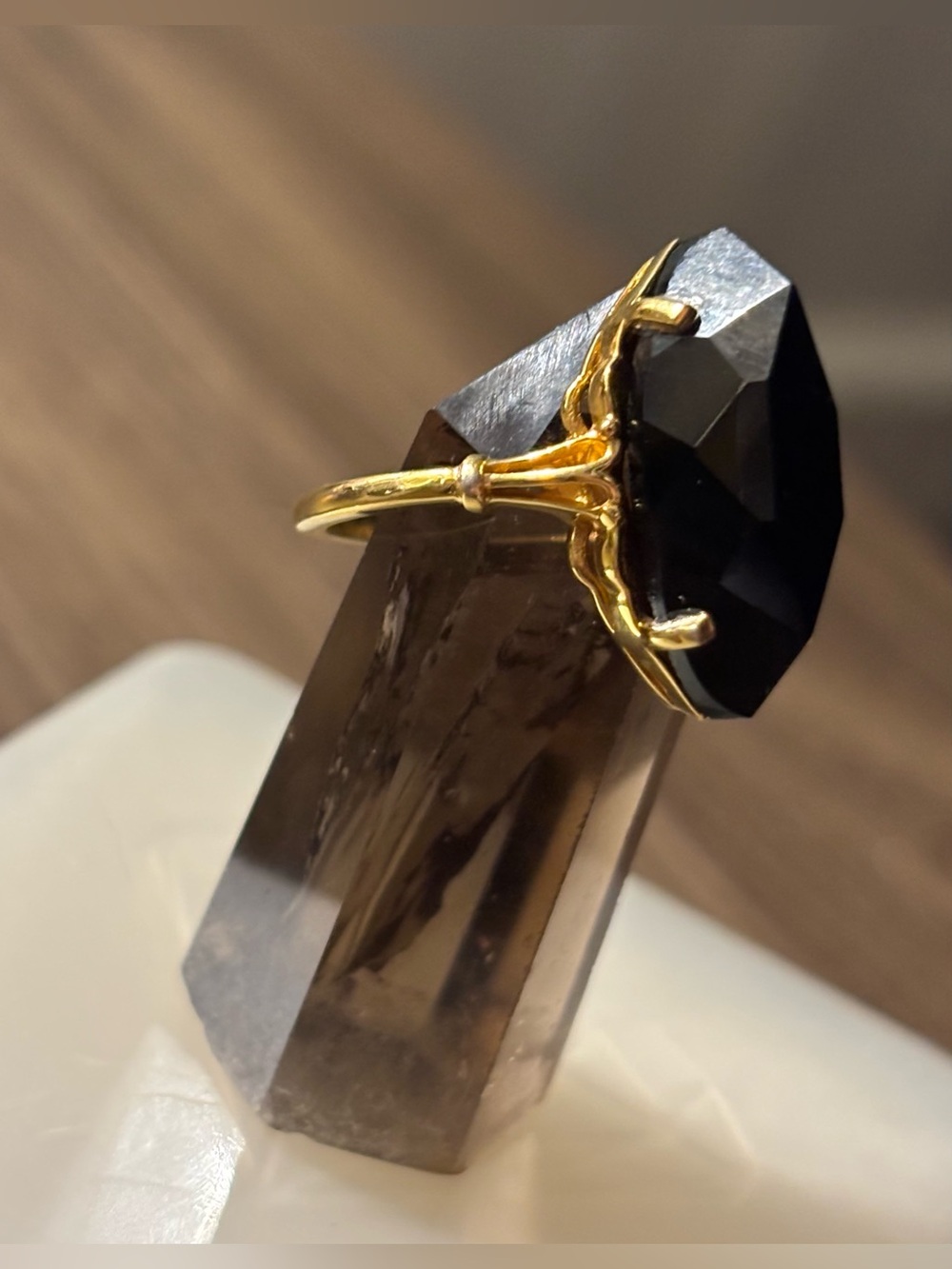Genuine Black Tourmaline 14k Gold Plated 925 Silver Size 7